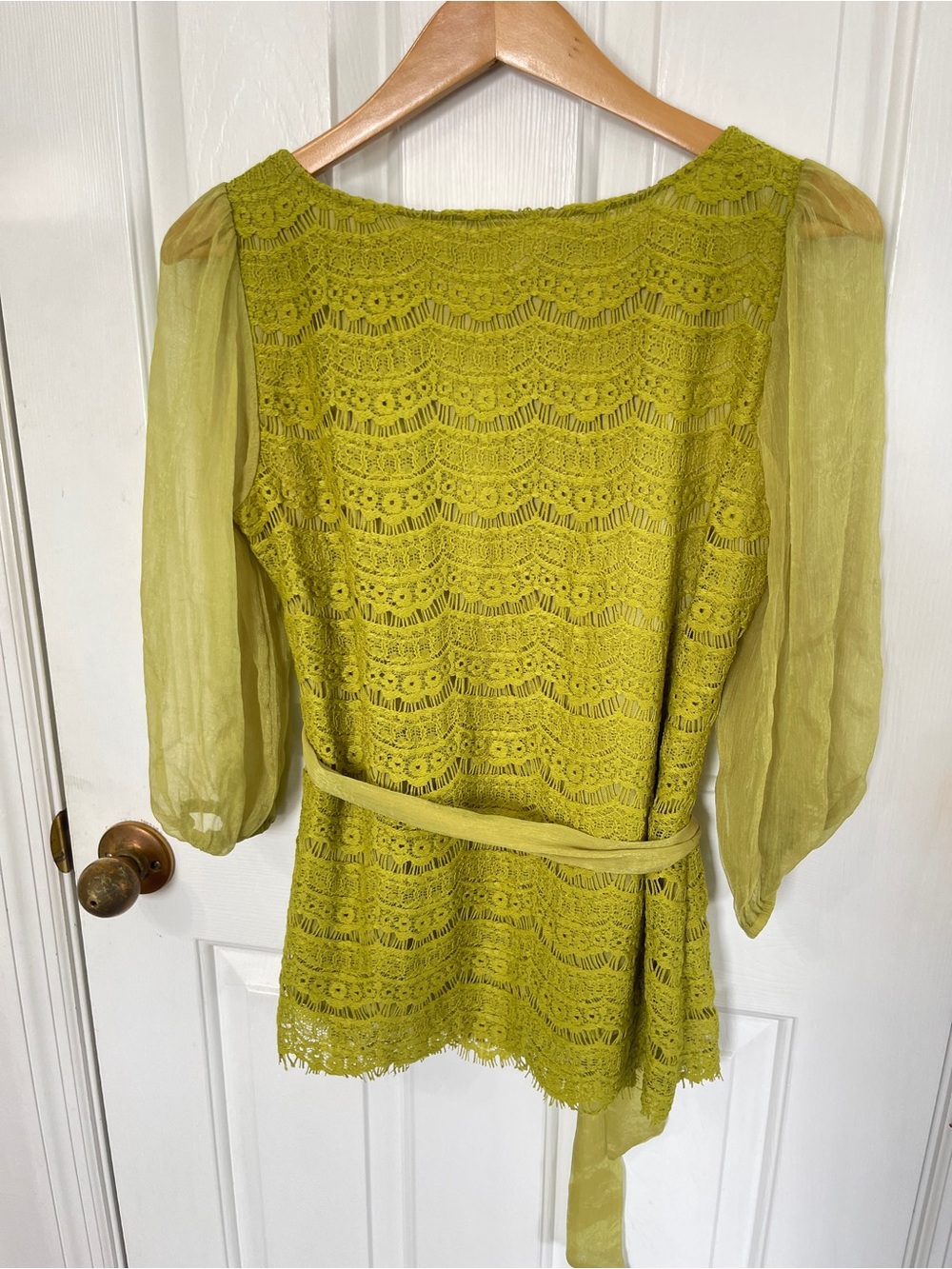 Areve Womens Size Med Blouse Green Sheer Sleeve Scoop Neck Lined Lace - Picture 6 of 8